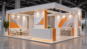 stand institucional sobrio con detalles naranjas 2