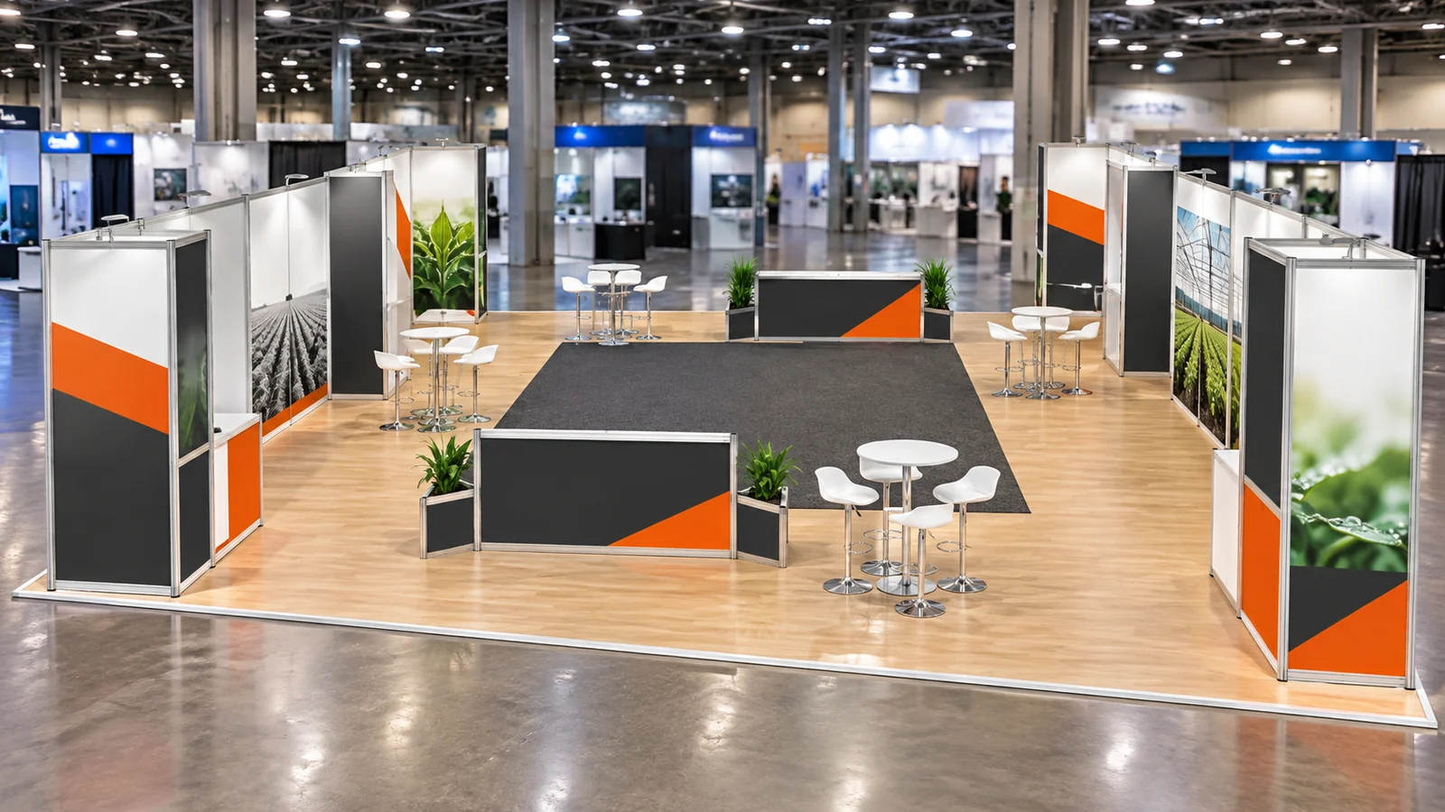 stand aluminio entre pasillos
